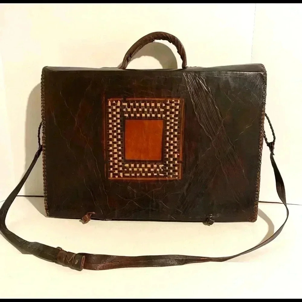 Handmade unsex brown leather briefcase bag